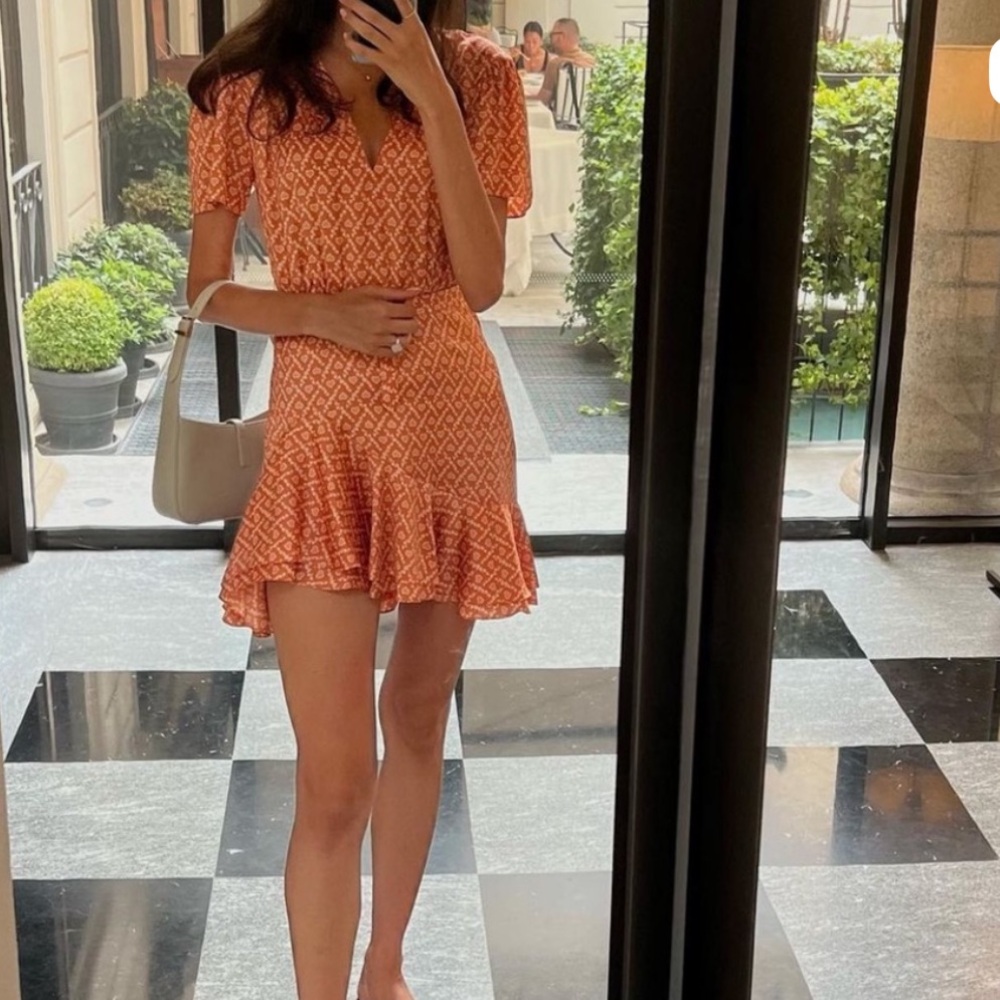 SANDRO Orange Suzen Ruffled Heart
Printed Belted Mini Dress Size 36